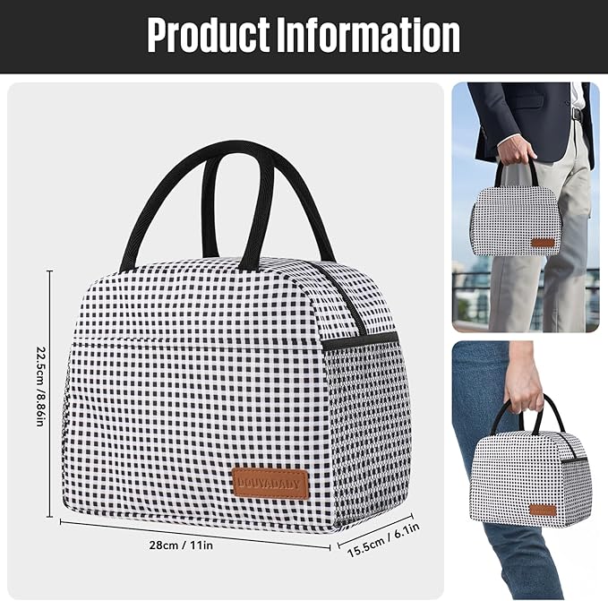 douyadady Lunch Bag Women/Men Lunch Box Women/Men (Black+White Grid)