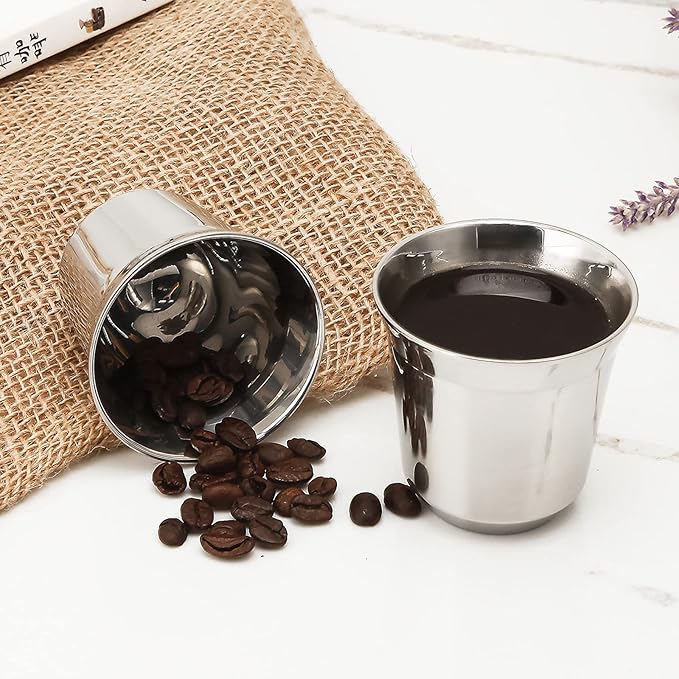 Easyworkz Stainless Steel Espresso Cup 2pcs Set Double Wall 5 oz, Bundled Espresso Steaming Pitcher Stainless Steel 12 oz Coffee Frothing Picther Milk Jug Cappuccino Latte Art Cup
