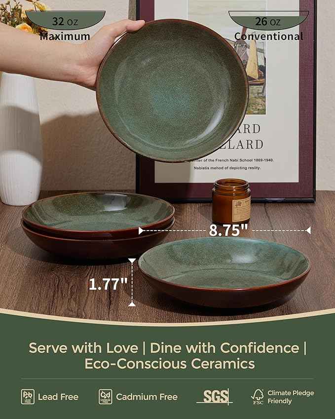 12 Piece Dinnerware Sets with Pasta Bowls, Stain Resistant Dish Set, Easy Cleaning Dishes, Multi-Functional Plate and Bowl Set, Stack Compactly Plates, Service for 4 Sage Green