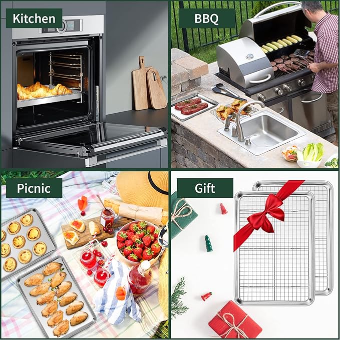Jelly Roll Pan with Cooling Rack Set [2 Baking Pans + 2 Baking Racks], CEKEE Stainless Steel Baking Sheet Tray with Wire Rack Set, Commercial Quality, Rust Proof & Nonstick, Size 15.94 x 12 x 1 Inch