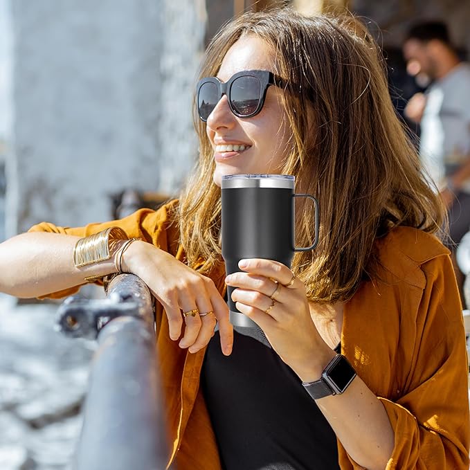 20 oz Stainless Steel Tumbler with Handle Bulk Metal Insulated Tumblers Travel Coffee Mug with Handle Double Wall Tumbler Cup with Lid and Straw, Black 12 Pack