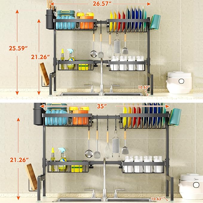 YKLSLH 4 Baskets Over The Sink Dish Drying Rack, Extendable Large Capacity Sink Rack, Metal Drying Rack Saving Space,for Most Sinks (26.57"-35")