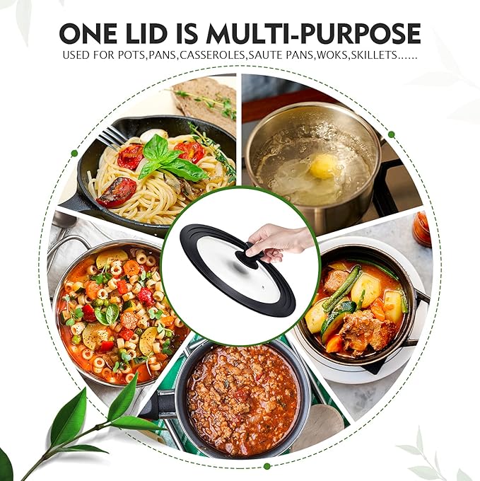 Ydeapi Universal Lid for Pots, Pans and Skillets, Pot Lid With Heat Resistant Silicone Rim and Tempered Glass, Fits 8", 8.5", 9.5" Diameter Pots and Pans