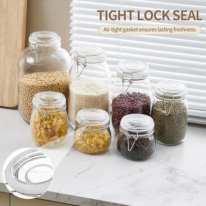 ODBCYWM 51oz Glass Food Storage Jars with Airtight Lids, Set of 3 – Clear Preserving Seal Wire Clip Fastening Canisters for Kitchen Canning, Flour, Cereal, Pasta, Sugar, Beans, Pickling Jars (51oz*3)