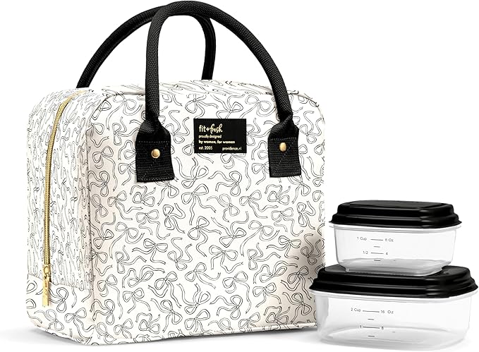Fit & Fresh Bloomington Lunch Bag for Women - Insulated Large Lunch Box for Work with Containers, Leak-Resistant, Stain-Resistant, Zipper Closure, Black and White Sketched Bows