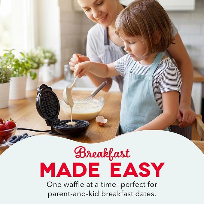 Dash Mini Waffle Maker- Compact Electric Iron for Creative Homemade Treats - PTFE nonstick surface - Easy-to-Clean - Perfect for Kids & Families - Black