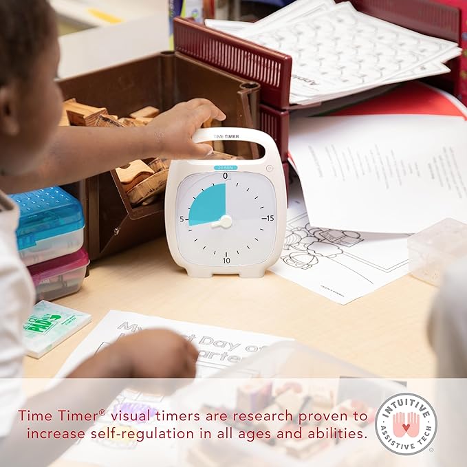 TIME TIMER Plus 20 Minute Desk Visual Timer - Countdown Timer with Portable Handle for Classroom, Office, Homeschooling, Study Tool with Silent Operation (White)