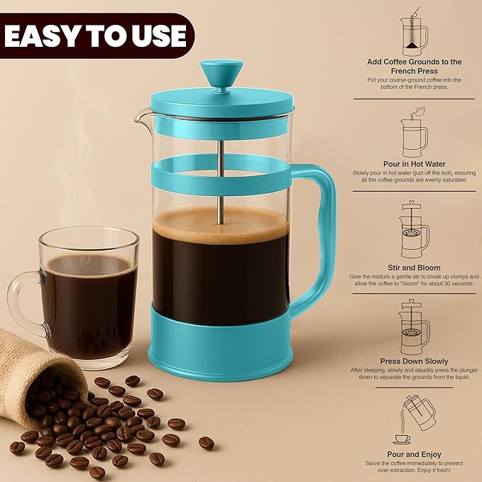 Utopia Kitchen 12 oz Glass French Press, French Press Coffee Maker, Tea Press, Triple-Layer Filter for Smooth Brew, Heat-Resistant Borosilicate Glass, Stainless Steel Plunger, Aqua
