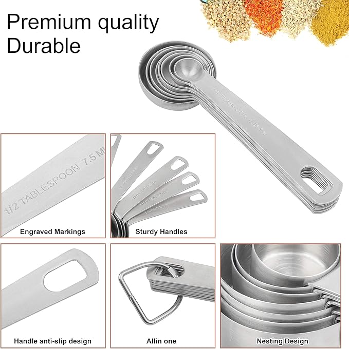 Smithcraft 18/8 Stainless Steel Measuring Cups and Spoons Set, Metric & US Metal Measure Cup and Spoon for Baking & Kitchen, Heavy Duty 7 Measuring Cups & 8 Spoons With Leveler