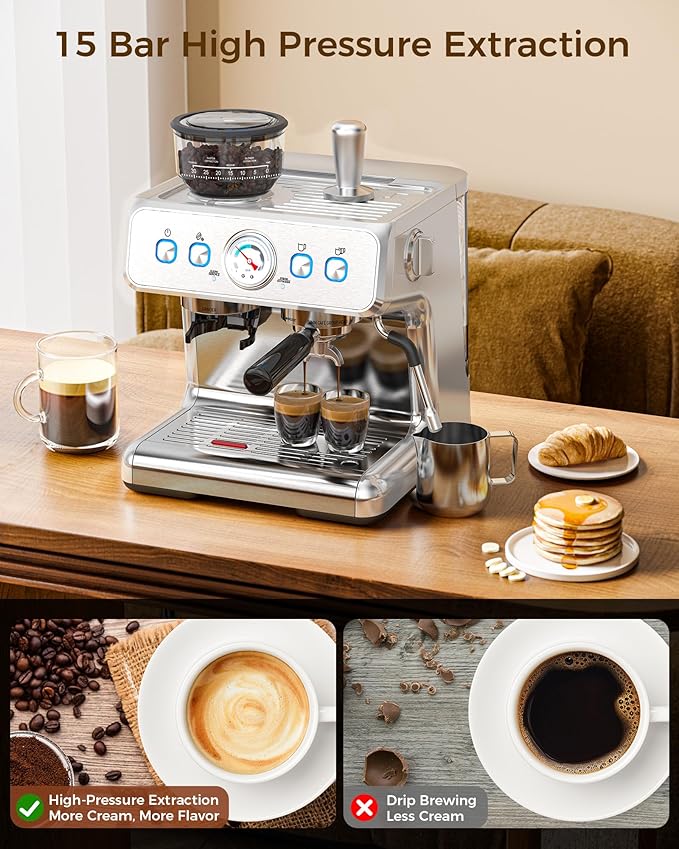 COWSAR (2025 Upgrade 15 Bar Espresso Machine with Grinder & Milk Frother Steam Wand, Tamping Tools,58mm Commercial Espresso Maker for Home,Coffee Maker with Grinder Perfect for latte,Cappuccino