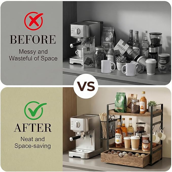 Coffee Station Organizer Countertop, Wooden Coffee Bar Accessories Organizer with Basket, 2 Mug Holder Hooks and Pod Drawer, Multifunctional 2 Tier Countertop Organizer for Kitchen, Bathroom, Office