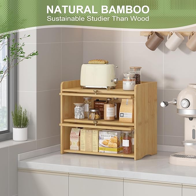 JANSNIMEN Large Bread Box for Kitchen Countertop Wooden Double Layer Breadbox Organizer with Window Vintage Farmhouse Bread Storage Container for Homemade Bread (Natural Bamboo)