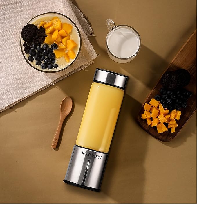 Portable Smoothie blender ROSEVIEW Glass bottle USB rechargeable mini Handheld Ice Shakes Cup 2 speed blend juicer Cordless Personal smoothies maker Fruit mixer (Metallic)