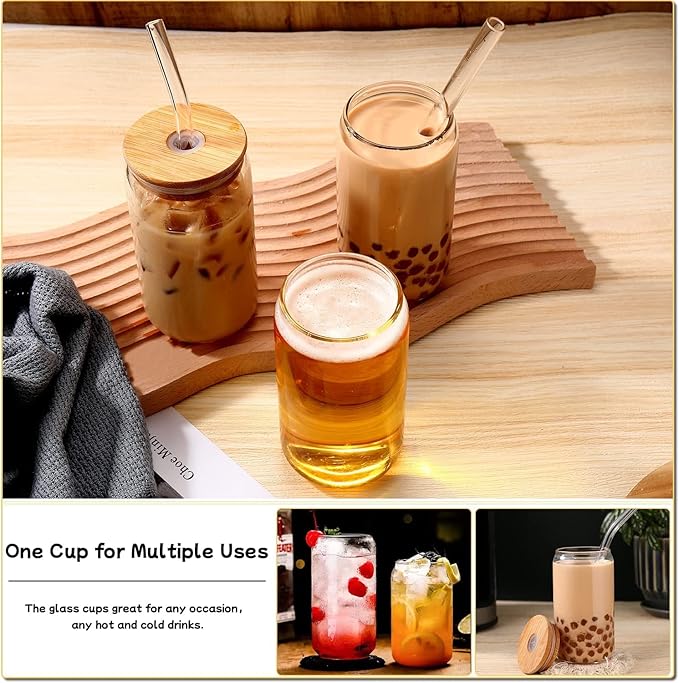 Glass Cups with Lids and Straws 6 pcs, 16 oz-DWTS Cute Tumbler,Beer Drinking Glasses,Clear for Iced Coffee, Tea with Bamboo Lids for Gifts