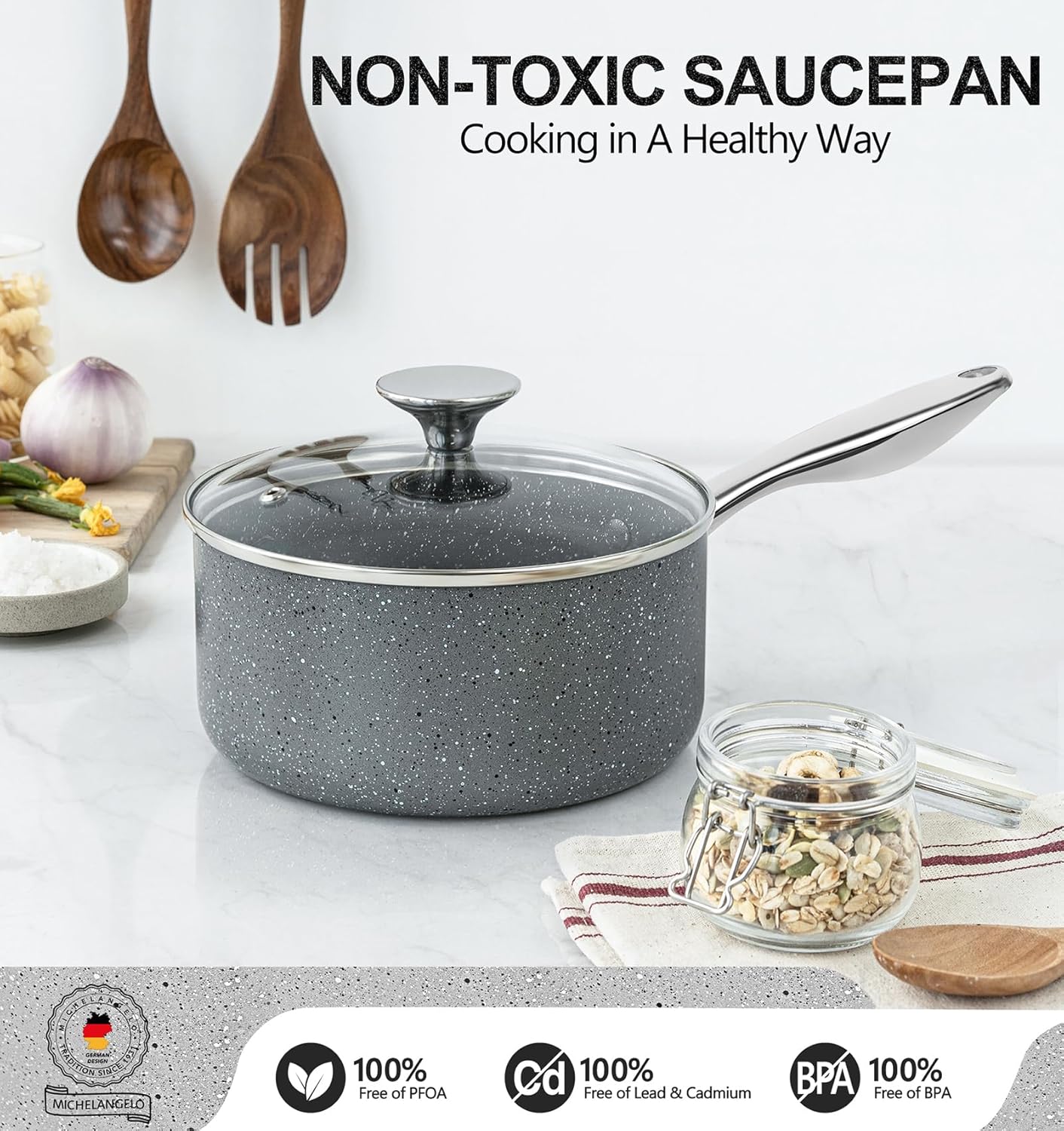MICHELANGELO Sauce Pan with Lid, 3 Quart Saucepan with Lid Nonstick Small Pot, Granite Sauce Pan with Stainless Steel Handle, 3 Qt Saucepan Induction Compatible