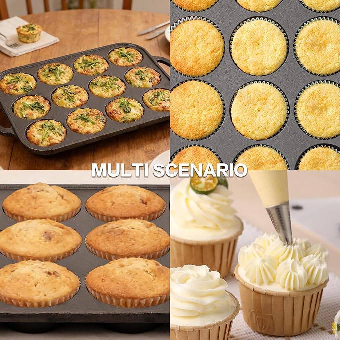 Flavehc 2pack Cast Iron Muffin Pans for Baking 12 Cup Regular Size Cupcake Pan with Handle Pre-Seasoned Muffin Pans Molds