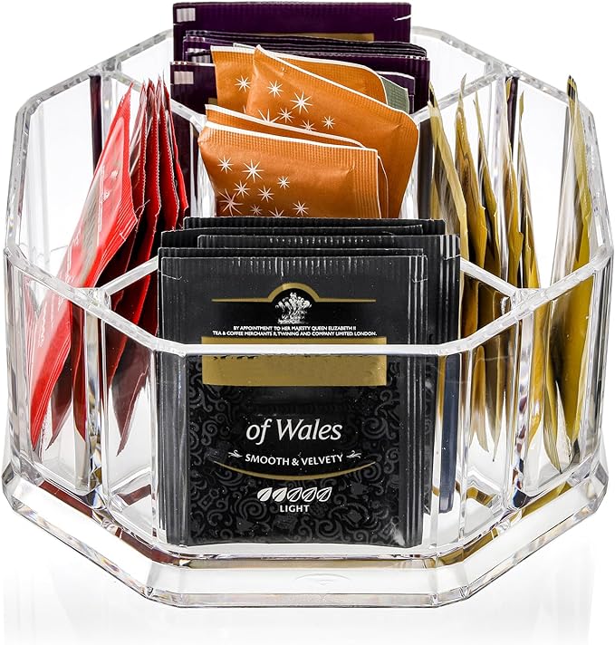 Hiceeden Acrylic Tea Bag Organizer, 5 Compartment Sugar Packets Holder Divided Coffee Condiment Storage Caddy Box for Kitchen Cabinet, Countertop, Tabletop
