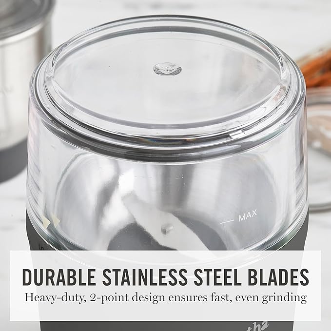 Martha Stewart Electric Coffee & Spice Grinder, Dual 2.5oz Removable Bowls, Storage Lids, Stainless Steel Blades, One Touch Pulse Control, 2-in-1 Compact, Beans & Spices, Herbs & Nuts, Caviar Gray