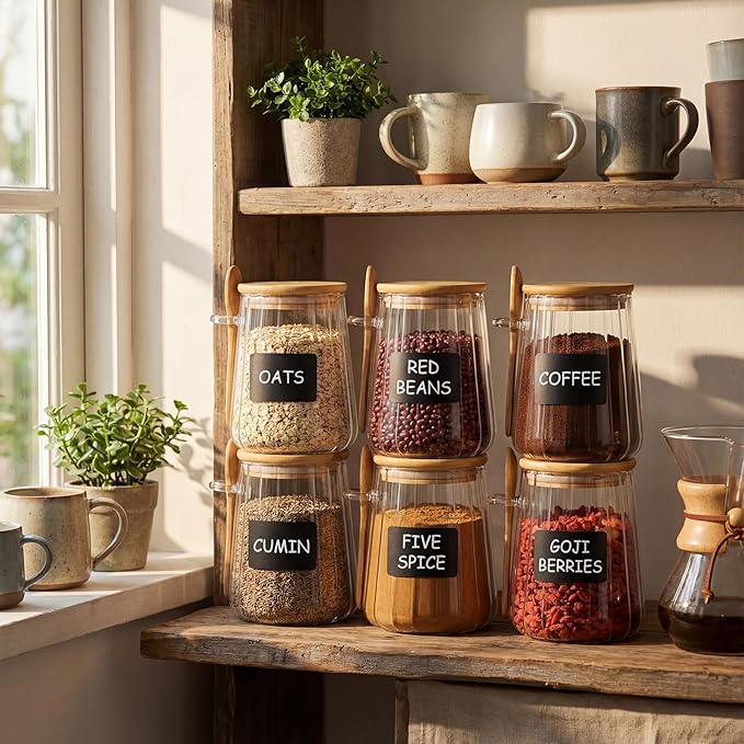 Glass Jar Sugar Container with Bamboo Spoons Lids 24 oz Large Sugar Container Glass Coffee Bowls Canister Coffee Bar Accessories with Labels Preprinted for Salts Tea Spice (12 Pcs)