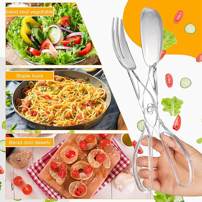 Tioncy Set of 6 Plastic Salad Scissor Tongs 11.2 Inches for Serving Reusable Food Tongs, Clear Utensils for Chef Cooking, Kitchen, Buffet, Party, Catering Supplies