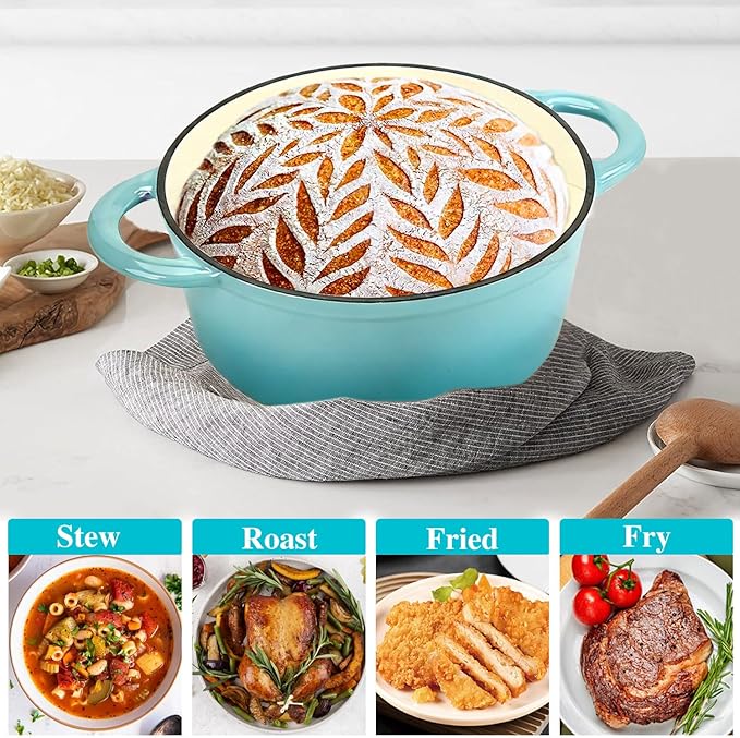COOKWIN Enameled Cast Iron Dutch Oven, 5 QT Bread Baking Pot with Self Basting Lid, Non-stick Enamel Coated Cookware Pot, Great Christmas Gifts for Family, Teal