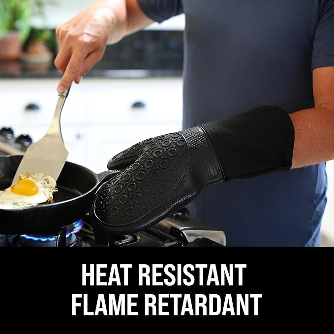 BPA-Free Silicone Oven Mitts Ultra Heat Resistant up to 500°F - Oven Mitts with Thick Cotton Liner - Long Slip Resistant Pot Holders, Flexible Oven Gloves - Black 13.7"