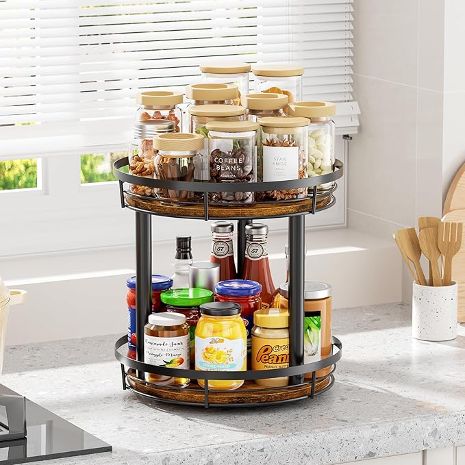 LAMU 2 Tier 9'' Lazy Susan Turntable Organizer for Cabinet and 10'' Wood Lazy Susan Spice Rack