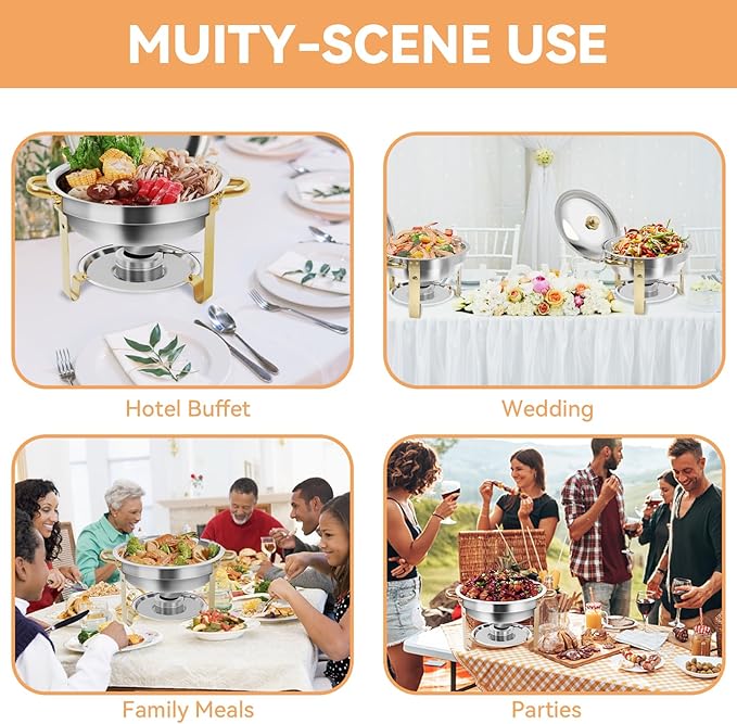 4.8 QT 4PC Chafing Dishes for Buffet with Lid, Round Chafing Dishes for Buffet, Catering Supplies Buffet Display, Serving Trays for Gatherings, Stainless Steel Food Wamer Server for Wedding (4)