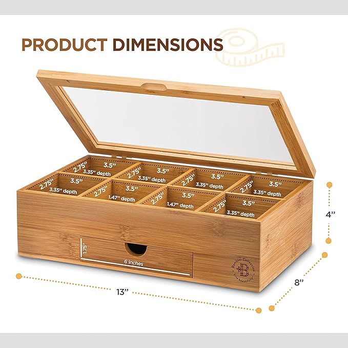 Personalized Tea Box with Custom Engraving - Bamboo Tea Bag Organizer with 8 Compartments, Acrylic Lid - Unique Mother’s Day Gifts for Mom, Grandma, Wife - Gift Idea for Tea Lovers (Tea Not Included)