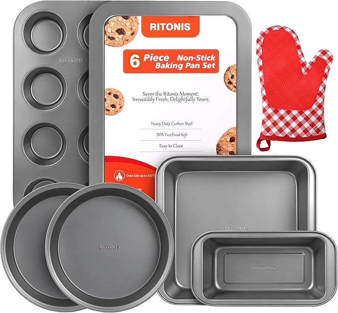 6-Piece Baking Pans Set, Non-stick Bakeware Sets Non-Toxic Baking Sheet Sets for Cooking, Include Round＆Square Cake Pan,Bread Pan,Muffin Pan, Cookie Sheet,with Baking Glove,Black