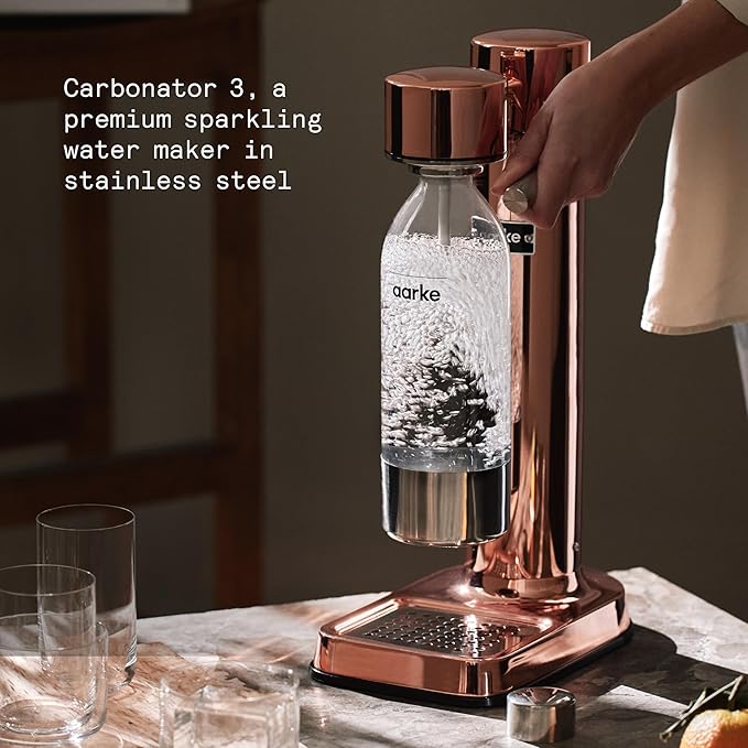 Aarke Carbonator lll with CO2 Cylinder, Sparkling & Carbonation Water Machine, Stainless Steel with PET BPA-Free Reusable Bottle Volume 1L/34 fl oz (Copper)