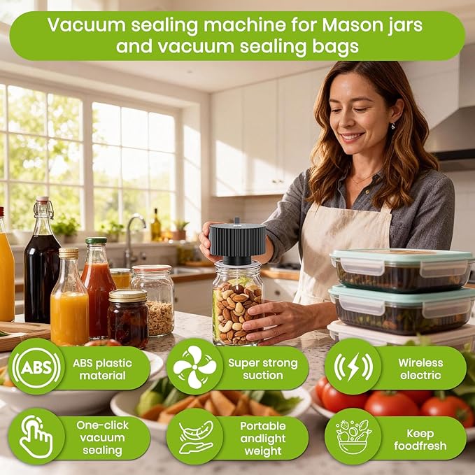 Electric Mason Jar Vacuum Sealer Kit, One-Touch Electric Sealing， for Wide-Mouth Regular-Mouth Mason Jars, Portable Vacuum Sealer for Jars, Gifts for Mom, Grandma(2026 Upgraded)