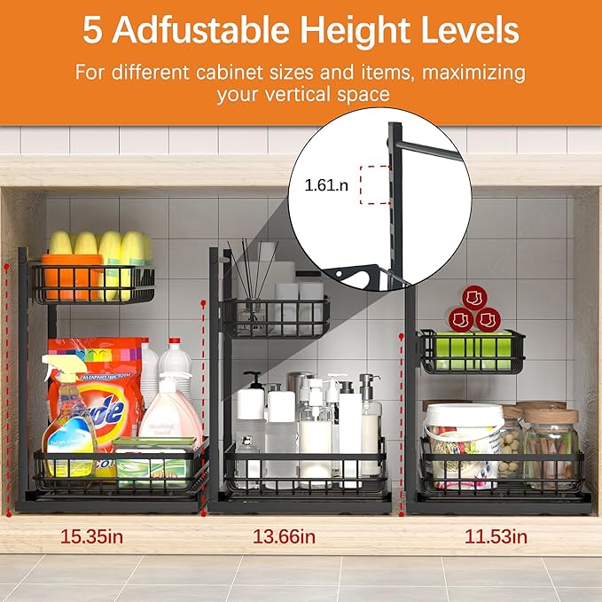 Under Sink Organizer, Adjustable Height Pull-Out Kitchen Storage Organization,15.8" x 11.8" x 16.5", 2-Tier Kitchen Shelf, Bathroom Drawer Organizer, 2 Pack|Black