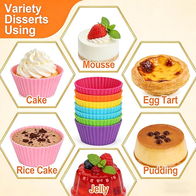 Reusable Non-Stick Silicone Baking Cups, Food Grade BPA Free Cupcake Muffin Liners, Oven & Dishwasher Safe Easy Release, Multicolor Rainbow, 24 Pack, for Muffins Cupcakes