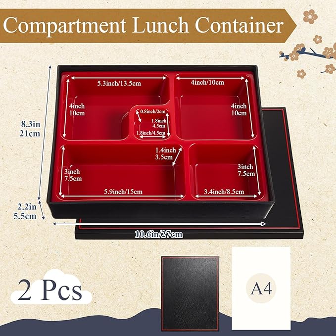 Teenyyou 2 Pcs 10.6 x 8.3 x 2.2 Inch Japanese Bento Box 5 Compartments Divided Lunch Box with Greaseproof Adult Japanese Bento Lunch Container Sushi Home Restaurant