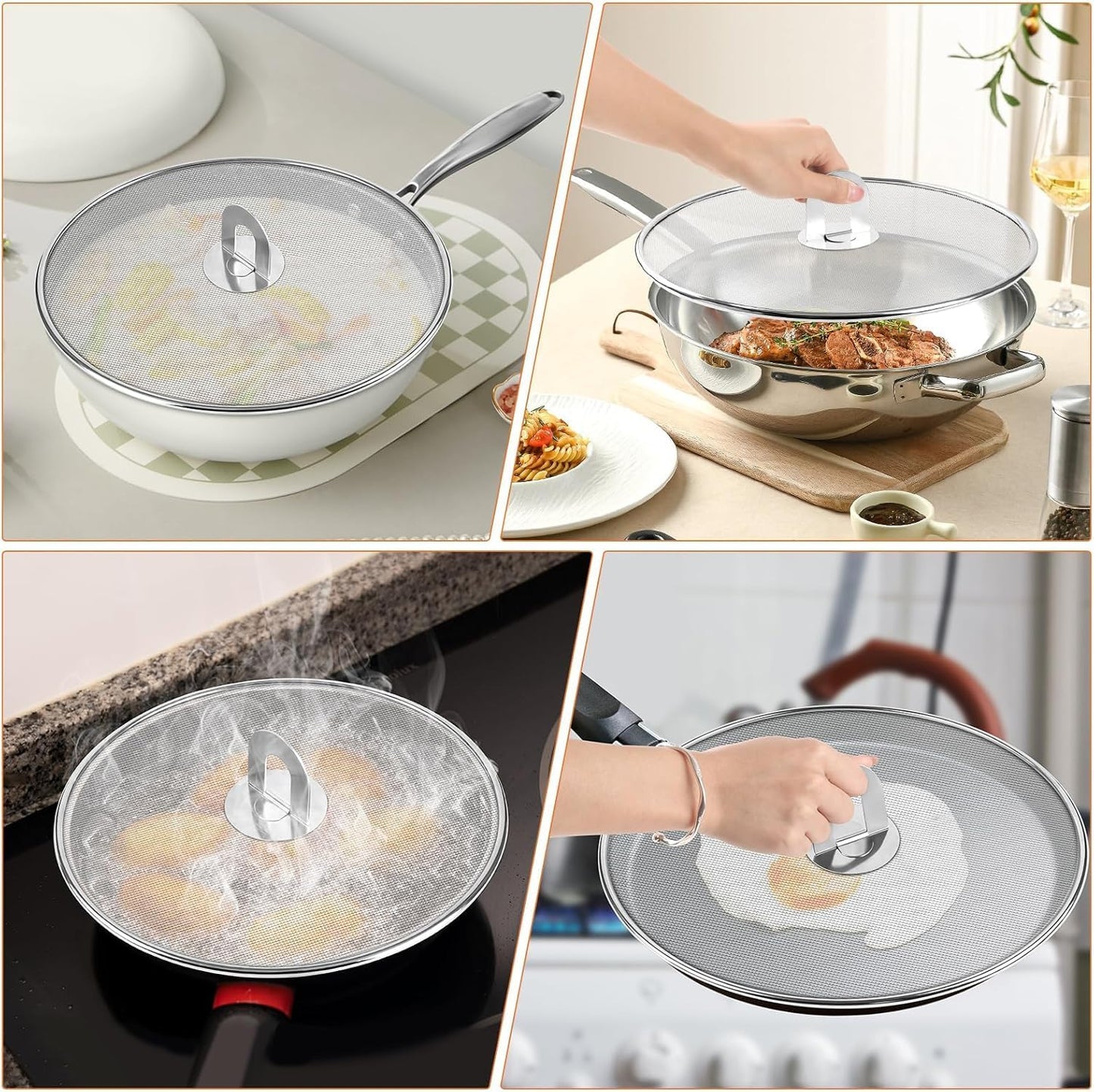 Splatter Screen for Cooking - Stainless Steel Grease Splatter Guard for Frying Pan with Foldable Knob, As a Strainer Set of 3(10", 11.5", 13"), Dishwasher Safe