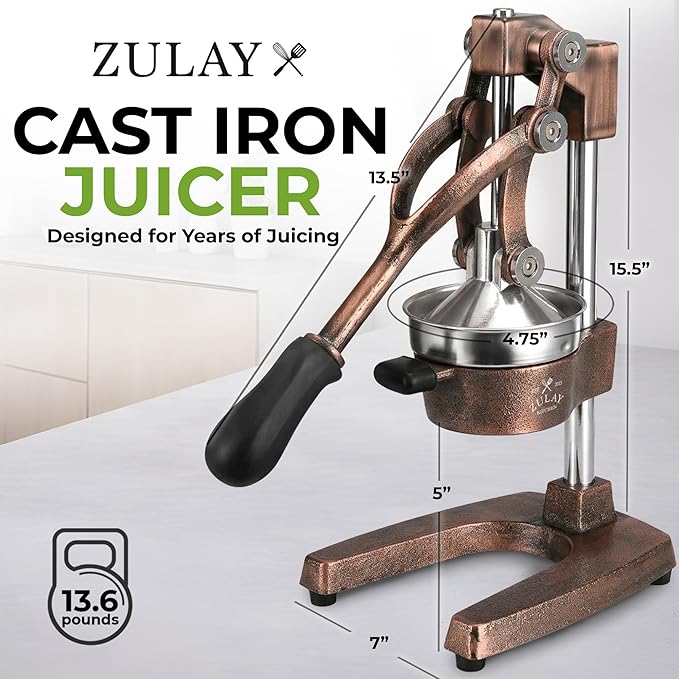 Zulay Kitchen Cast Iron Juicer - Heavy Duty Manual Juicer with Detachable Strainers for Easy Cleaning, Orange Juice Press for Citrus Fruits, Perfect for Bartenders, Juice Lovers & Health Enthusiasts