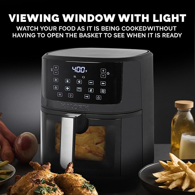 Kalorik Air Fryer 7 Quart Capacity with Touchscreen Controls 10 Cooking Presets in 12 Food Categories with Large Illuminated View Window and Nonstick Basket & Trivet, 1500-Watts, Black