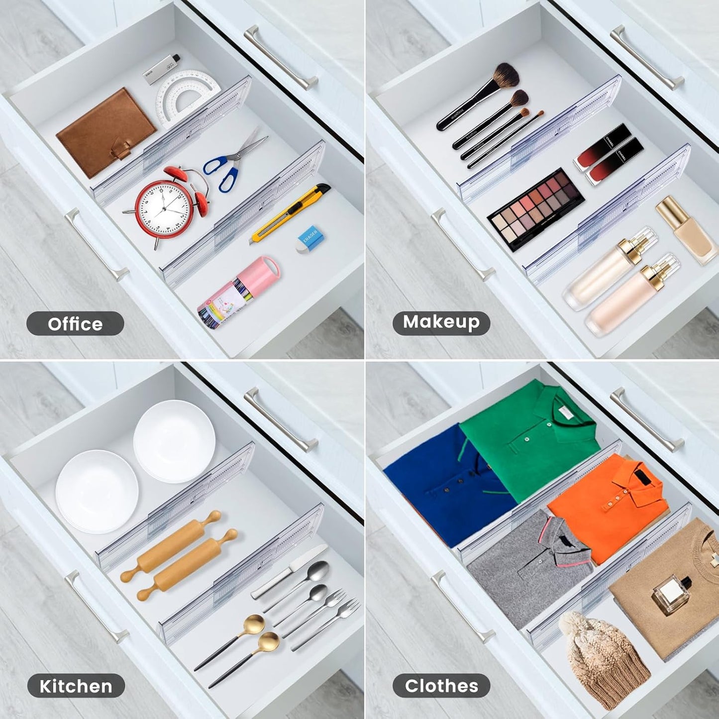 6 Pack Adjustable Drawer Dividers for Clothes,4" High Expandable From 13-22" Clear Drawer Organizers, PC Plastic Separators for Dresser/Bedroom/Bathroom/Kitchen/Office Storage