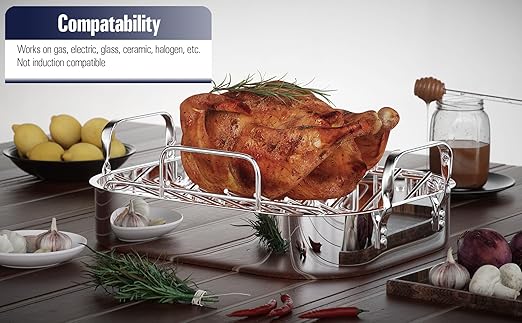 Cooks Standard Stainless Steel Roaster Pan with V-Shaped Rack, Inner 14-Inch x 11-Inch; Edge 15-Inch x 12-Inch; Turkey Roasting Pan Bakeware for Oven, Rectangular