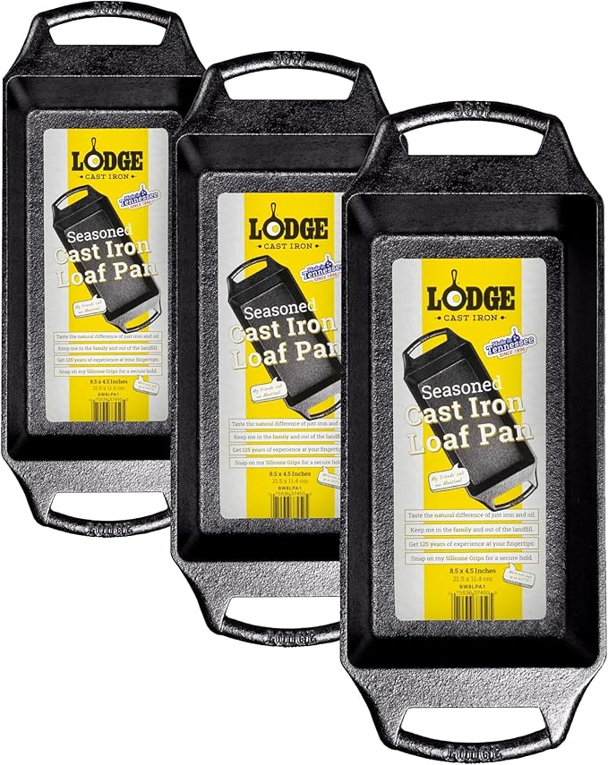 Lodge Cast Iron Loaf Pan - 8.5 x 4.5 Inch PFAS-Free Bread Baking Pan - Naturally Seasoned Cast Iron Bakeware for Sourdough, Meatloaf, Breads, and More - Made in the USA - 3 Pack