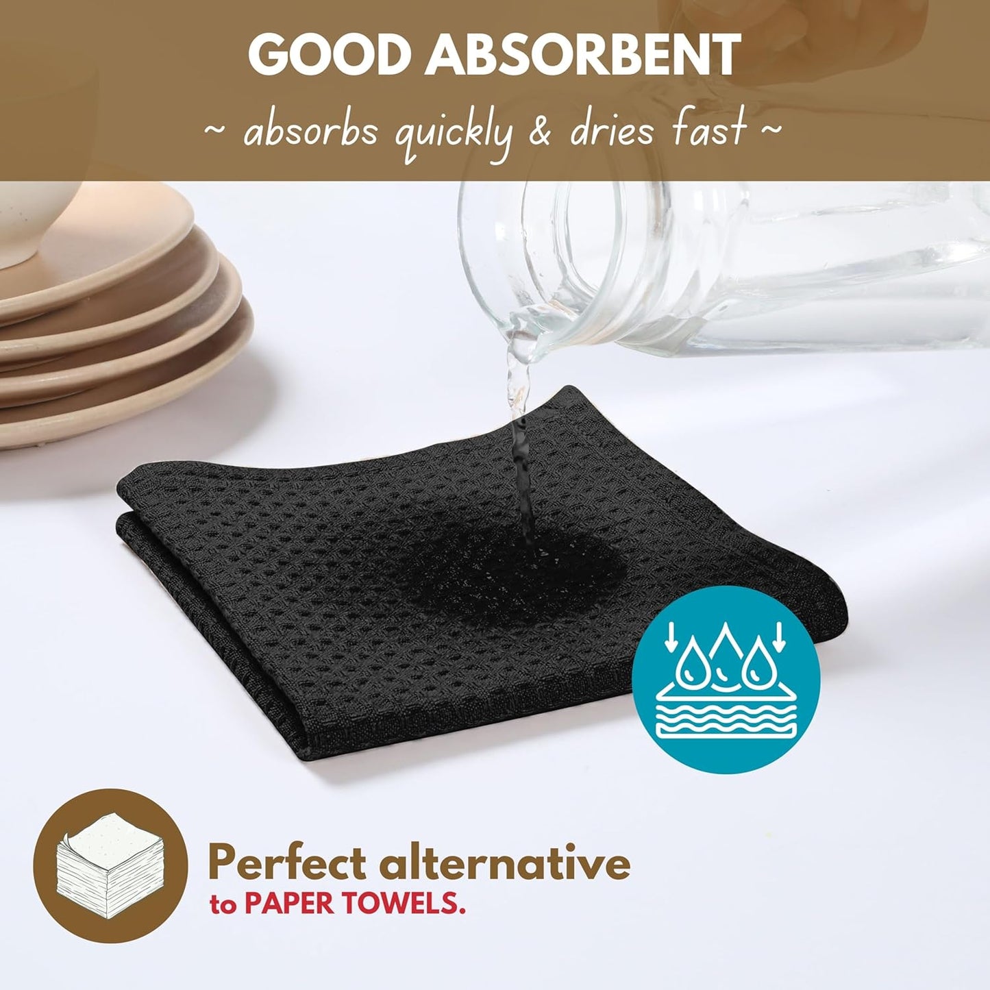 Native Fab Cotton Kitchen Towel with Hanging Loop 16x26 inches, 4-Pack, Waffle Weave Kitchen Towels for Cleaning Drying, Washcloths Soft & Absorbent Cloth Rags, Bar Towel, Dish Cloth, Black