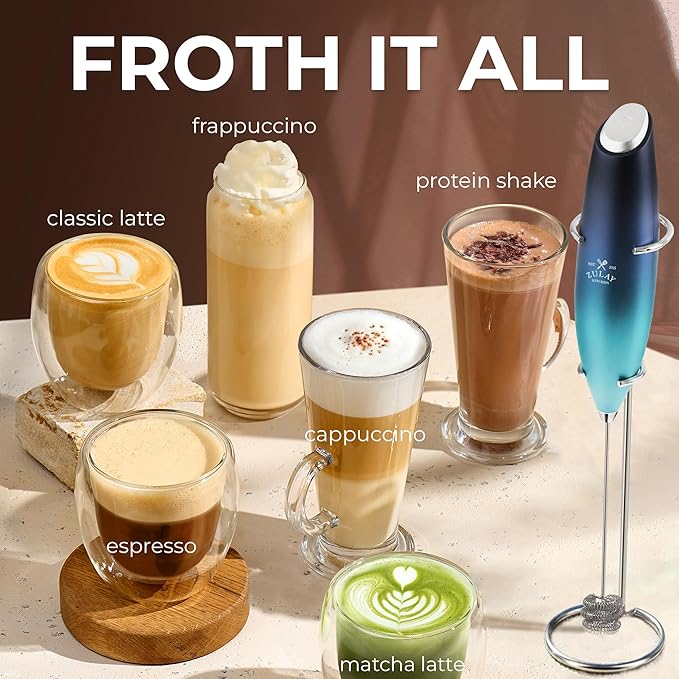 Zulay Kitchen Patented Tornado Triple Whisk Milk Frother with 4 Duracell Batteries – Handheld Foam Maker for Coffee, Lattes, Matcha & Hot Chocolate – Rich, Creamy Froth in Seconds - Sea Depth