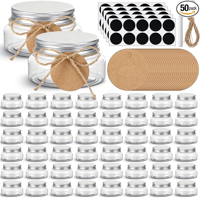 50 Set Mason Jars with Lids, 5 oz Mini Jam Wide Mouth Jars with Labels Stickers and String, Small Plastic Bottles for Canning Jelly Spice Herbs Honey Storage Wedding Party Favors