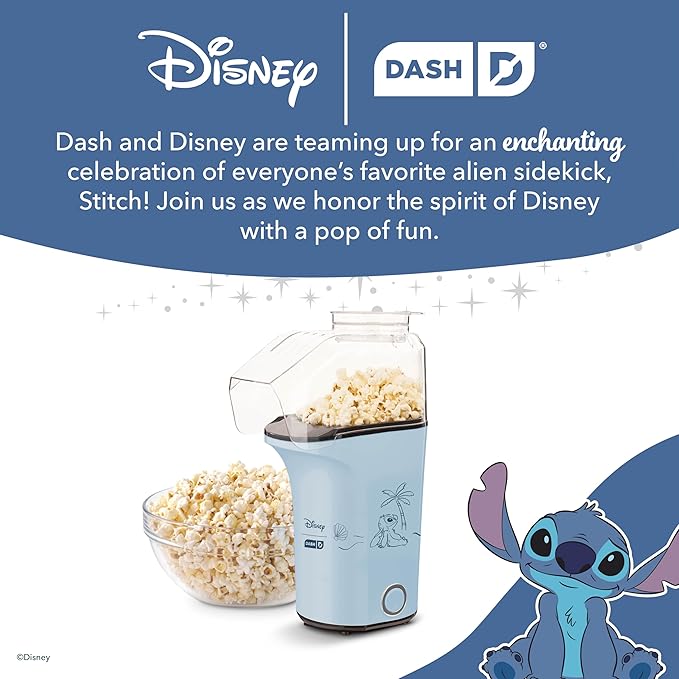 Disney Dash Fresh Pop Popcorn Maker - Oil-Free, Air Popcorn Popper - With Measuring Cup & Recipe Guide - Perfect for Movie Nights - 16 Cups, Stitch