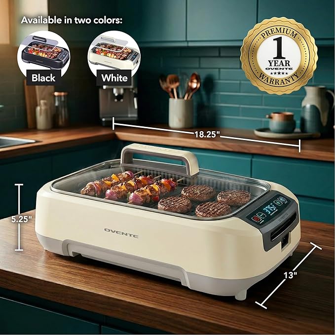 OVENTE Smokeless Indoor Grill, 1500W Electric Portable Korean BBQ Grill with One-Touch Control, LED Smart Display, Tempered Glass Lid, Two Removable Non-Stick and Dishwasher Safe Plates, White SGR85W