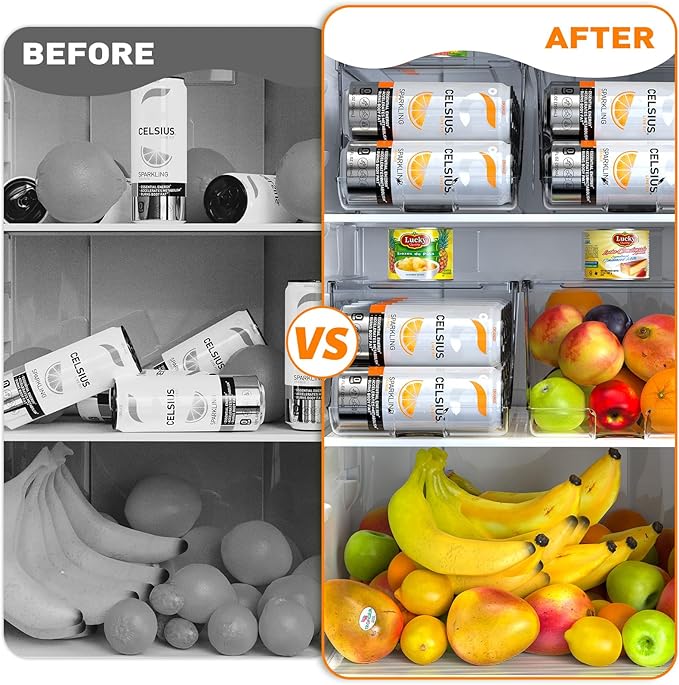 SCAVATA 4 Pack Skinny Can Organizer for Refrigerator, Stackable Tall Skinny Soda Pop Can Holder Dispenser with Lid for Fridge Pantry Rack Freezer, Clear Plastic Storage Bins-Holds 12 Slim Cans Each