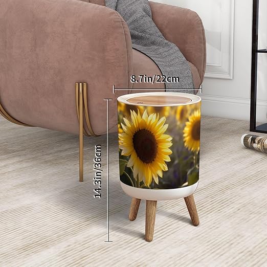 Trash Can with Lid Yellow Sunflower Sunset Light Close up Sunflower Close up Press Top Round Small Garbage Bin with Wooden Legs Waste Basket for Kitchen Bedroom Nursery 7L/1.8 Gallon