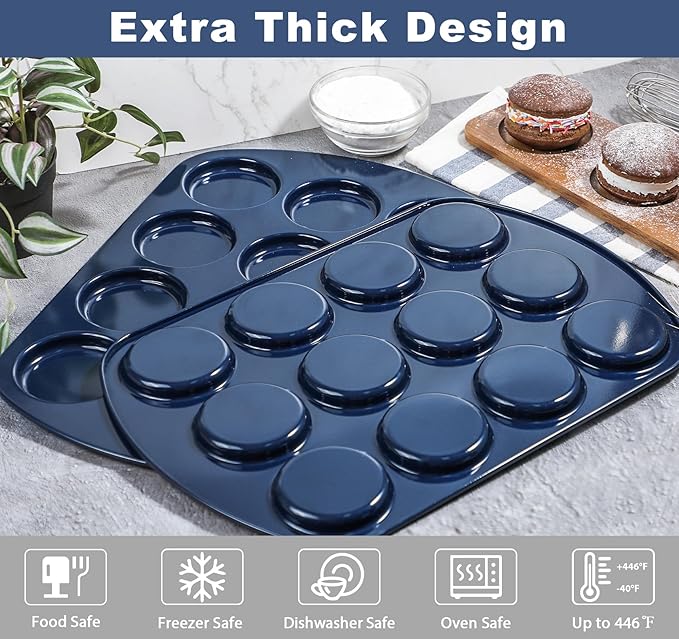 Webake Non-Stick Muffin Top Pan for Baking Egg Bites, Whoopie Pies, Cookies, Yorkshire Pudding, Heavy Gauge Carbon Steel Set of 2