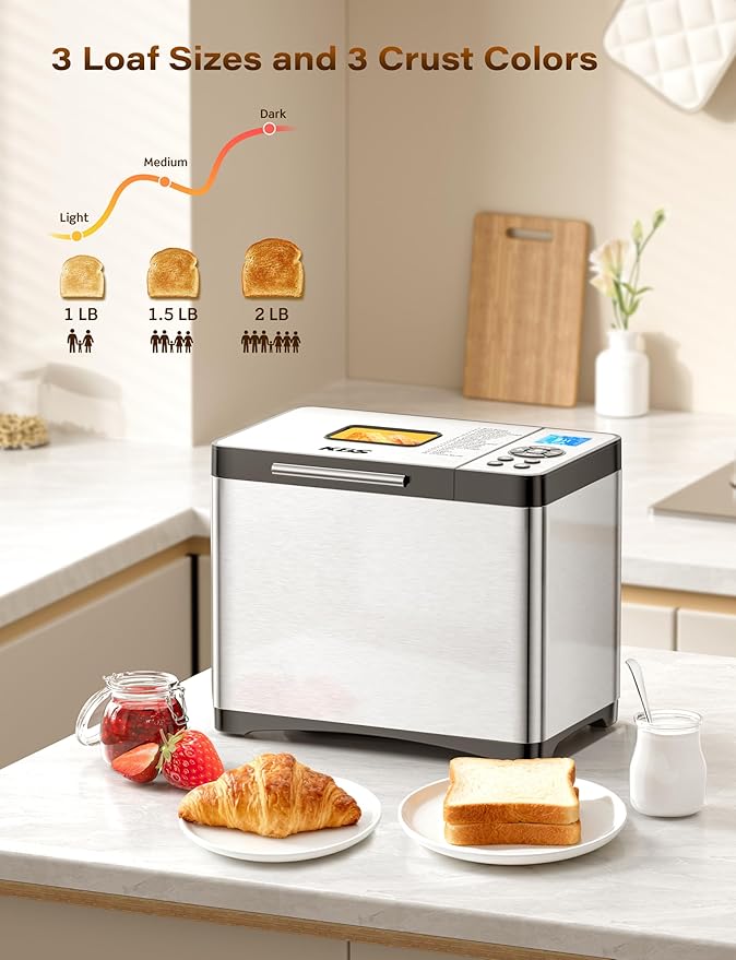 KBS 19-in-1 Programmable Bread Maker, 2LB Bread Machine with Healthy Ceramic Pan, Stainless Steel Bread Maker Machine with 15H Timer& 1H Keep Warm, Sourdough, Gluten Free, 3 Crust Colors, 53 Recipes